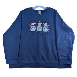 Holiday Editions Womens 2X Navy Blue Snowman Sweatshirt Cotton Blend Long Sleeve
